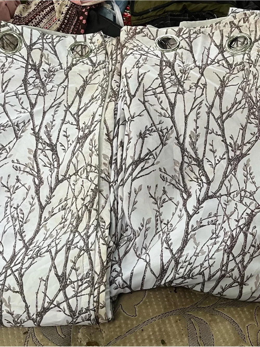 Branch-Print Grommet Curtains in White and Brown